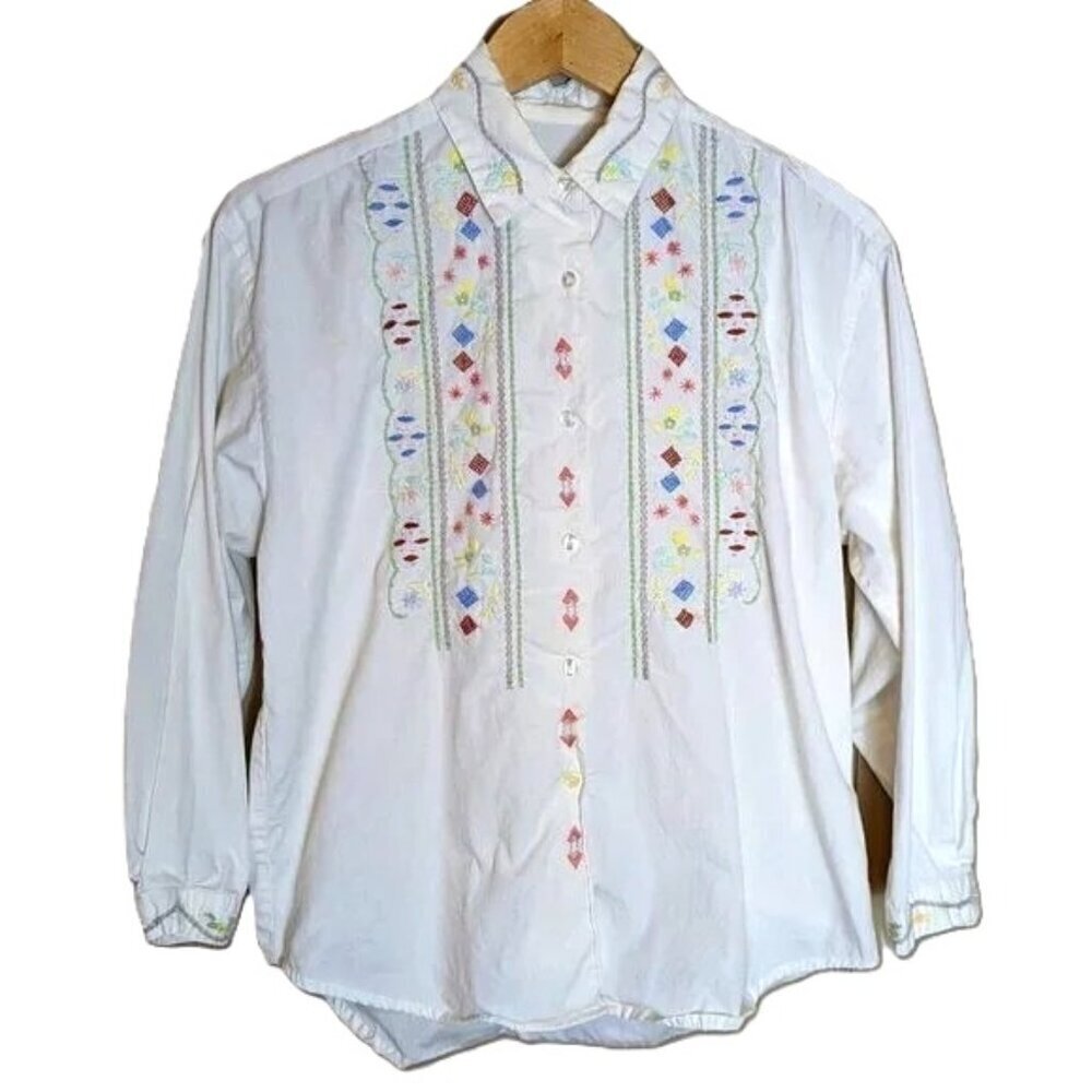Vintage Embroidered Button Down Shirt Top Coastal Cowgirl Boho Cottage‎ Core